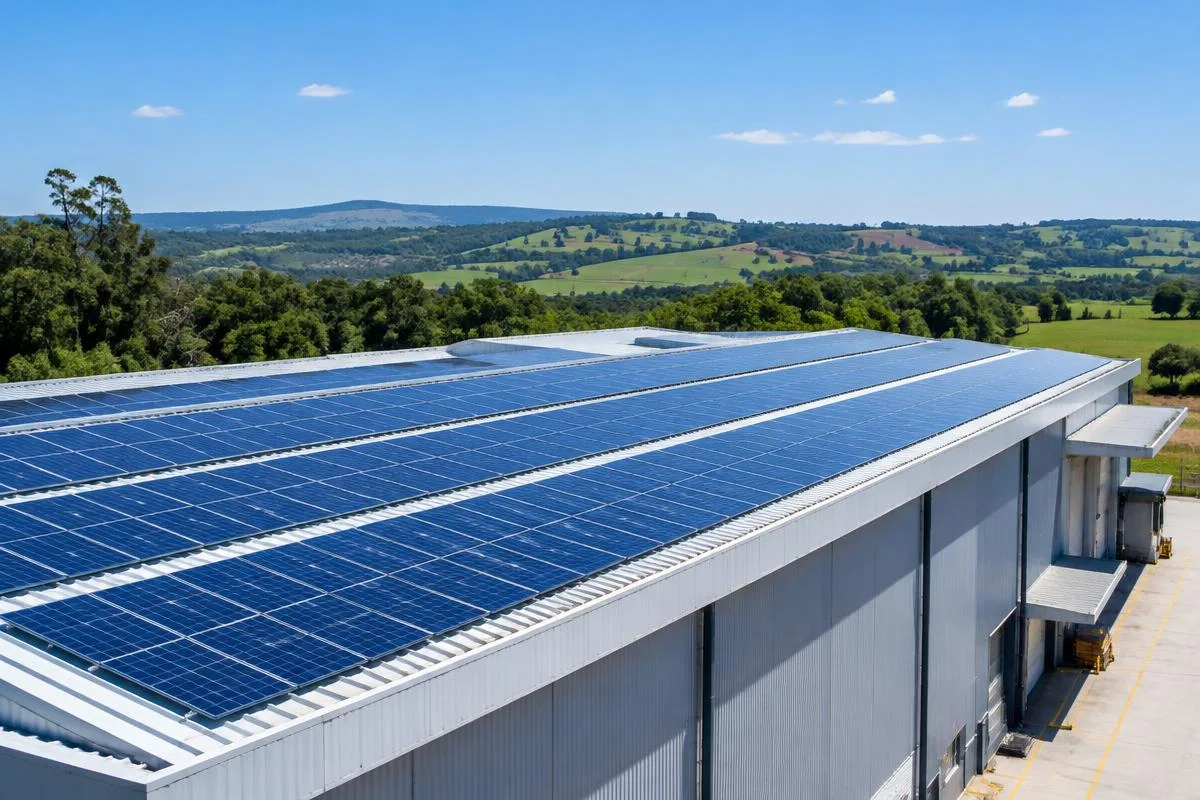 Painéis fotovoltaicos sobre um galpão comercial — imagem ilustrativa